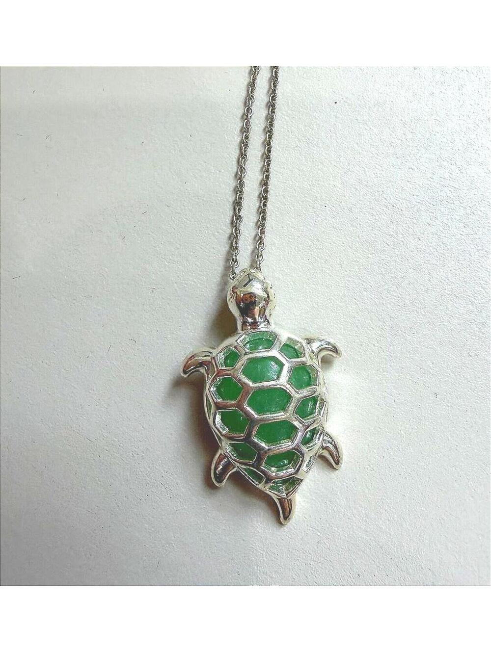 Sterling Silver Turtle Pendant Necklace with Green Jade Inlay